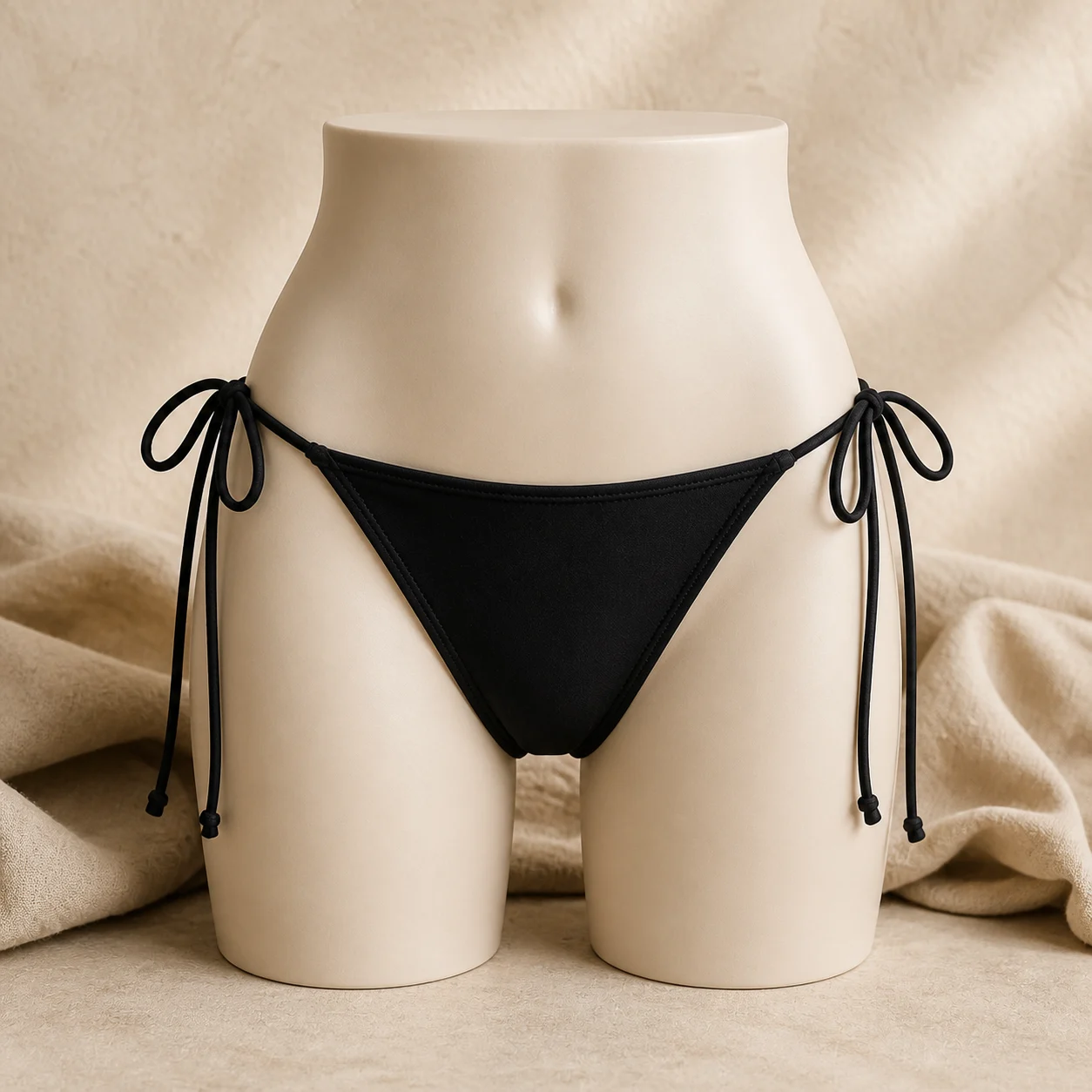 Black tie-side cotton bikini bottom on a mannequin fit form