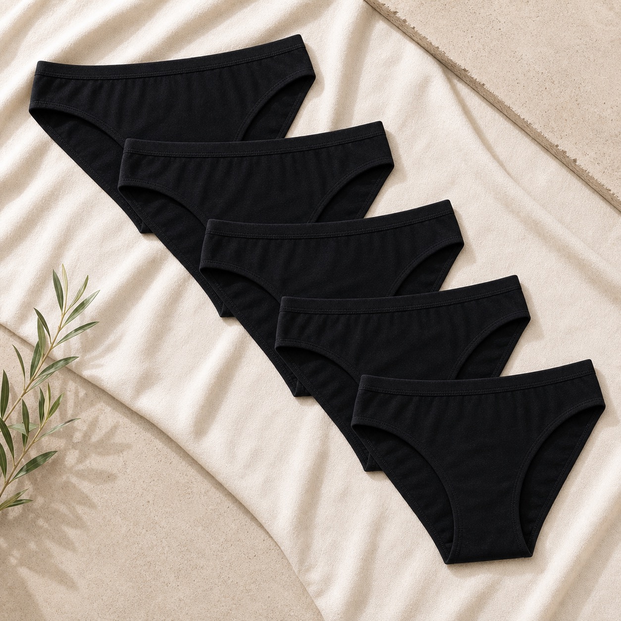 Plain black cotton bikini bottom 5-pack product visual