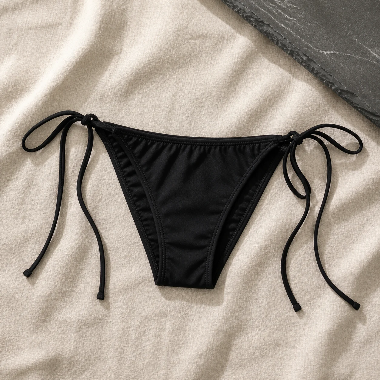 Black tie-side cotton bikini bottom product visual