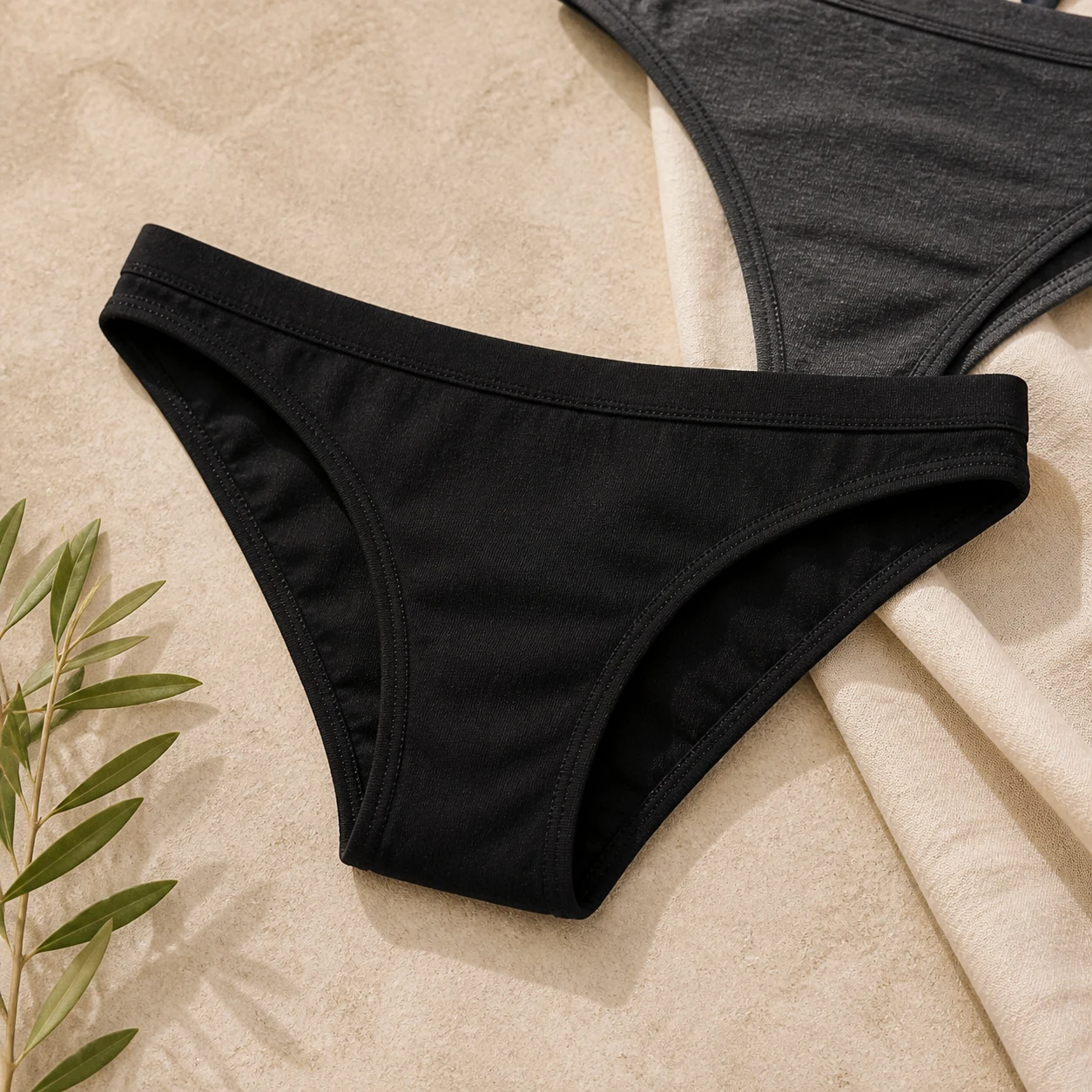 Plain black low-waist cotton bikini bottom product visual