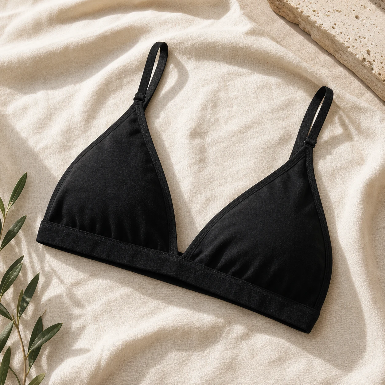 Plain black cotton triangle bikini top product visual